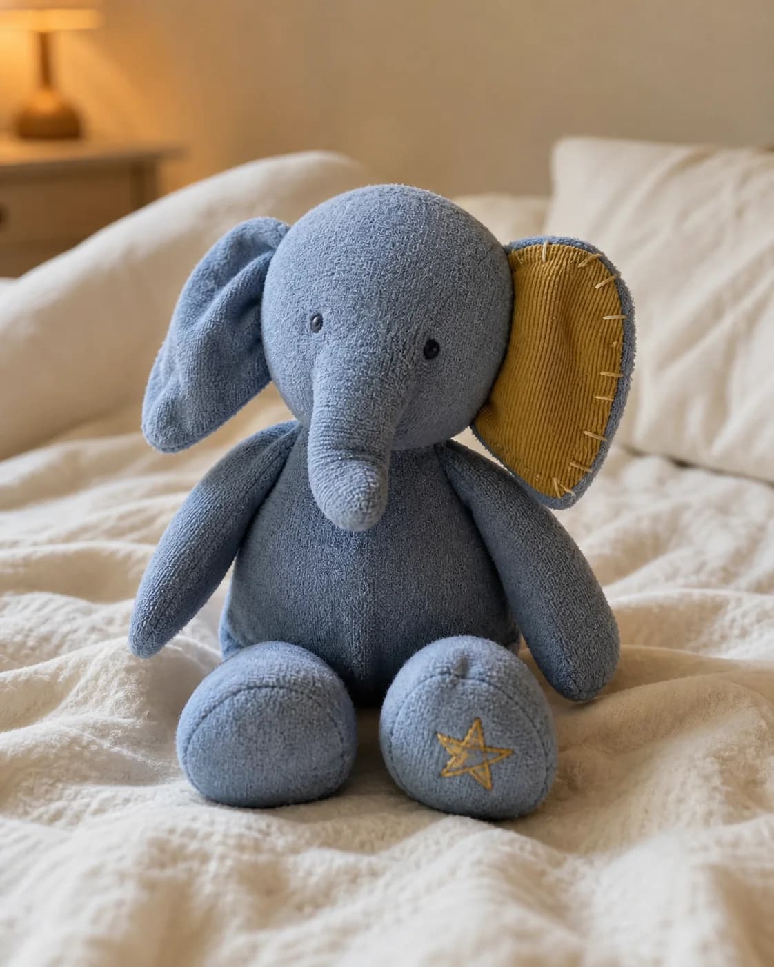 AI-created demo photo of Ellory, a dusty-blue stuffed elephant