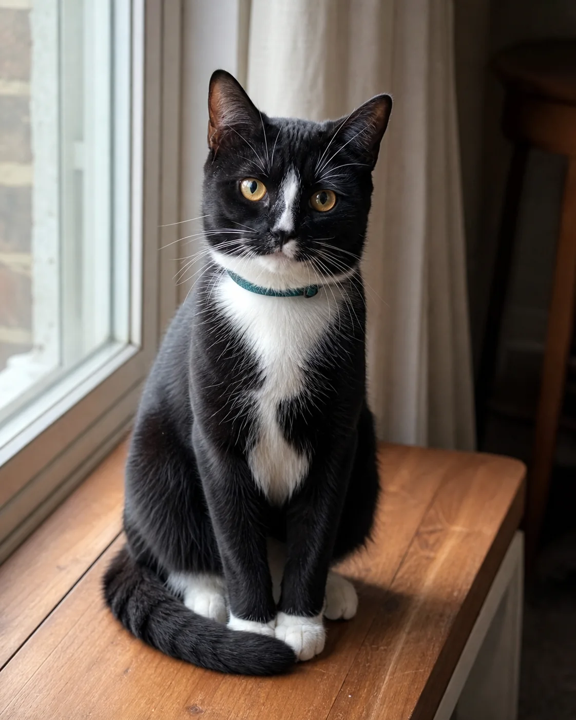 AI-created demo photo of Marlow, a black-and-white tuxedo cat